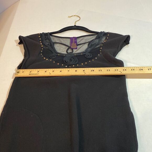 Free People Goth Black Tunic Size XS Lace Neck Stud Accents Raw Hem Layered - Picture 7 of 11